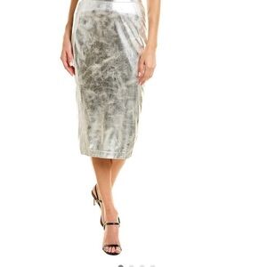 DONNA KARAN Silver Faux Leather gorgeous MIDI SKIRT size 10